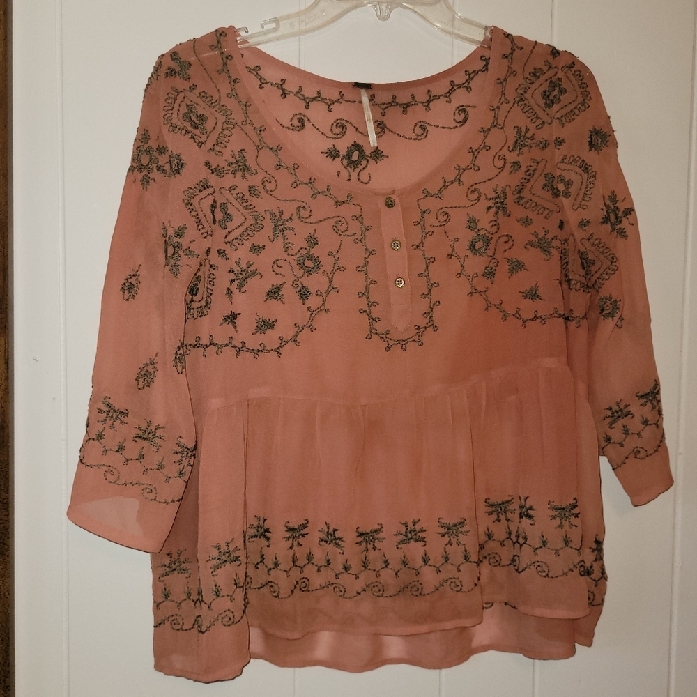 Free People Sheer rust colored Babydoll Embroidered Blouse. Women's medium